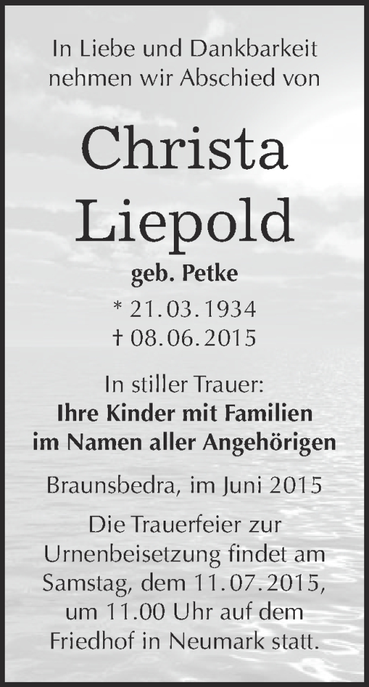  Traueranzeige für Christa Liepold vom 17.06.2015 aus WVG - Wochenspiegel Merseburg