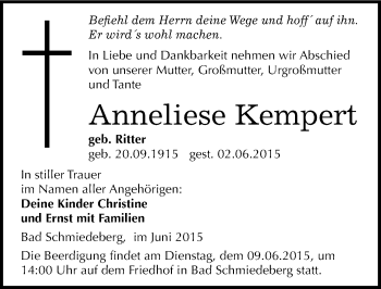 Traueranzeige von Anneliese Kempert von Mitteldeutsche Zeitung Wittenberg