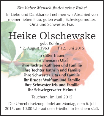 Traueranzeige von Heike Olschewske von WVG - Wochenspiegel NMB / WSF / ZTZ