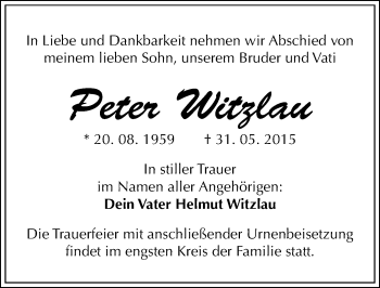 Traueranzeige von Peter Witzlau von Mitteldeutsche Zeitung Dessau-Roßlau