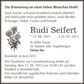 Traueranzeige von Rudi Seifert von Wochenspiegel Mansfelder Land