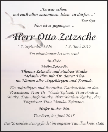 Traueranzeige von Otto Zetzsche von WVG - Wochenspiegel NMB / WSF / ZTZ