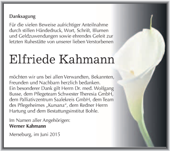 Traueranzeige von Elfriede Kahmann von WVG - Wochenspiegel Merseburg
