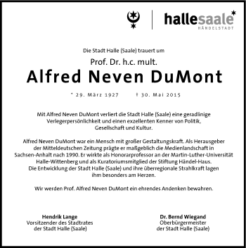 Traueranzeige von Alfred Neven DuMont von Mitteldeutsche Zeitung Halle/Saalkreis