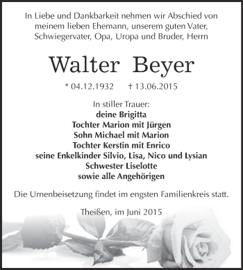 Traueranzeige von Walter Beyer von Super Sonntag Zeitz