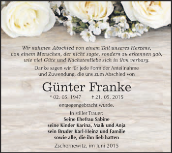 Traueranzeige von Günter Franke von WVG - Wochenspiegel Wittenberg
