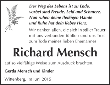 Traueranzeige von Richard Mensch von WVG - Wochenspiegel Wittenberg