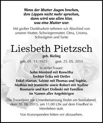 Traueranzeige von Liesbeth Pietzsch von Mitteldeutsche Zeitung Naumburg/Nebra