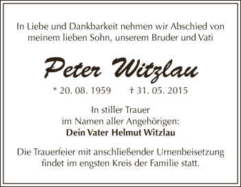 Traueranzeige von Peter Witzlau von WVG - Wochenspiegel Dessau / Köthen