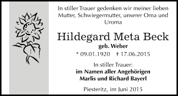 Traueranzeige von Hildegard Meta Beck von Mitteldeutsche Zeitung Wittenberg