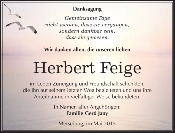 Traueranzeige von Herbert Feige von Mitteldeutsche Zeitung Merseburg/Querfurt