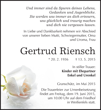 Traueranzeige von Gertrud Riensch von Mitteldeutsche Zeitung Weißenfels