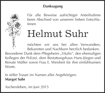 Traueranzeige von Helmut Suhr von Super Sonntag Aschersleben