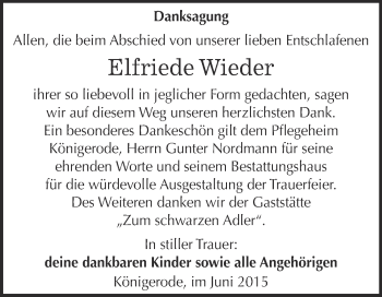 Traueranzeige von Elfriede Wieder von Wochenspiegel Mansfelder Land