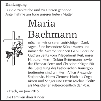 Traueranzeige von Maria Bachmann von WVG - Wochenspiegel Wittenberg