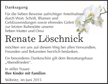 Traueranzeige von Renate Löschnick von WVG - Wochenspiegel Merseburg