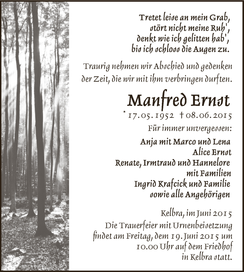  Traueranzeige für Manfred Ernst vom 14.06.2015 aus Super Sonntag SGH Mansf. Land