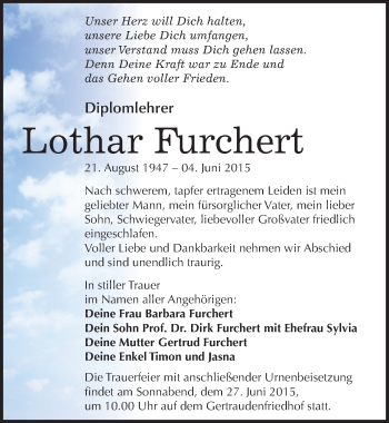 Traueranzeige von Lothar Furchert von Mitteldeutsche Zeitung Halle/Saalkreis