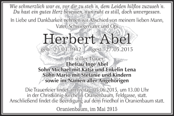 Traueranzeige von Herbert Abel von Super Sonntag Wittenberg