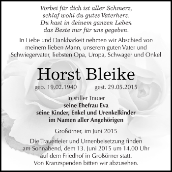 Traueranzeige von Horst Bleike von Super Sonntag SGH Mansf. Land