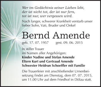 Traueranzeige von Bernd Amende von Mitteldeutsche Zeitung Halle/Saalkreis