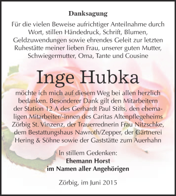 Traueranzeige von Inge Hubka von WVG - Wochenspiegel Bitterfeld