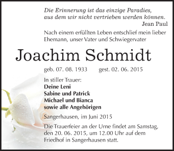 Traueranzeige von Joachim Schmidt von Mitteldeutsche Zeitung Sangerhausen