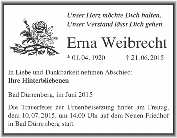 Traueranzeige von Erna Weibrecht von Super Sonntag Merseburg