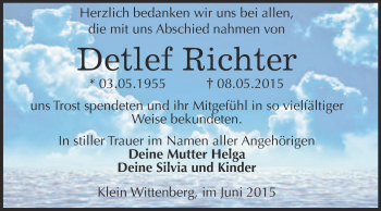 Traueranzeige von Detlef Richter von Super Sonntag Wittenberg