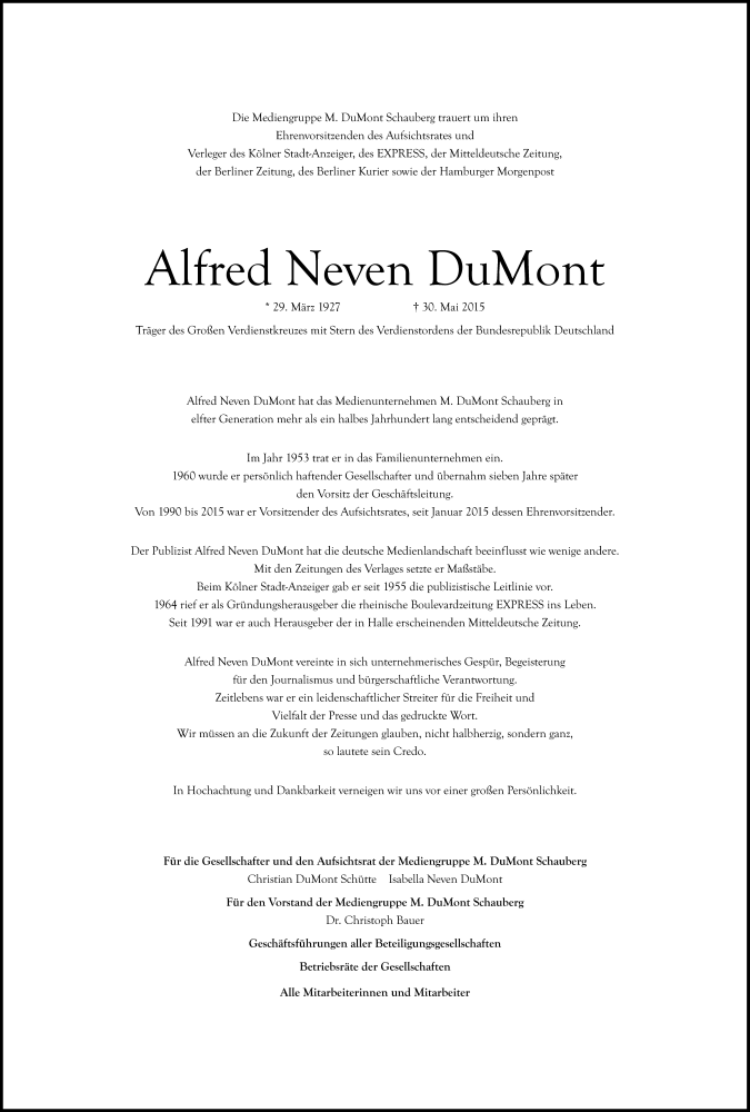  Traueranzeige für Alfred Neven DuMont vom 06.06.2015 aus Mitteldeutsche Zeitung