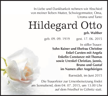 Traueranzeige von Hildegard Otto von WVG - Wochenspiegel Merseburg