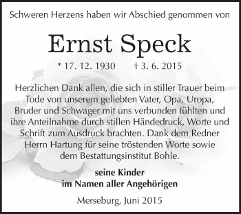 Traueranzeige von Ernst Speck von WVG - Wochenspiegel Merseburg