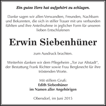 Traueranzeige von Erwin Siebenhüner von Super Sonntag SGH Mansf. Land
