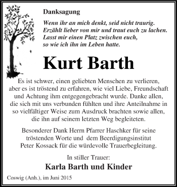 Traueranzeige von Kurt Barth von WVG - Wochenspiegel Dessau / Köthen
