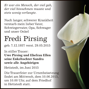 Traueranzeige von Fredi Pirsing von Super Sonntag SGH Mansf. Land