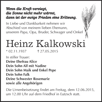 Traueranzeige von Heinz Kalkowski von WVG - Wochenspiegel Wittenberg