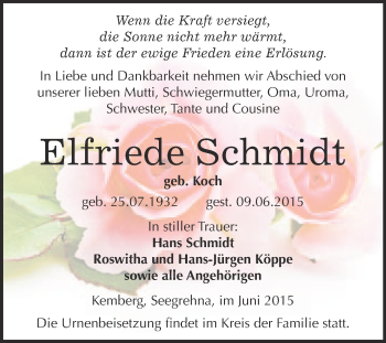 Traueranzeige von Elfriede Schmidt von WVG - Wochenspiegel Wittenberg