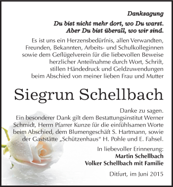 Traueranzeige von Siegrun Schellbach von Mitteldeutsche Zeitung Quedlinburg