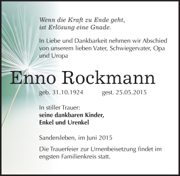 Traueranzeige von Enno Rockmann von Mitteldeutsche Zeitung Mansfelder Land