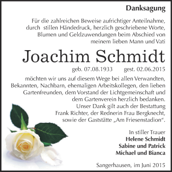 Traueranzeige von Joachim Schmidt von Super Sonntag SGH Mansf. Land