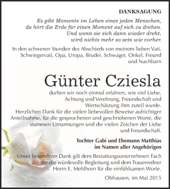 Traueranzeige von Günter Cziesla von WVG - Wochenspiegel Merseburg