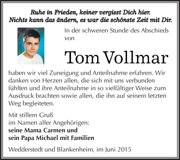 Traueranzeige von Tom Vollmar von WVG - Wochenspiegel SGH