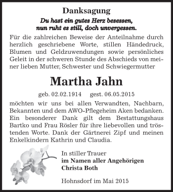 Traueranzeige von Martha Jahn von WVG - Wochenspiegel Dessau / Köthen