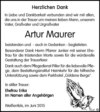 Traueranzeige von Artur Maurer von WVG - Wochenspiegel NMB / WSF / ZTZ
