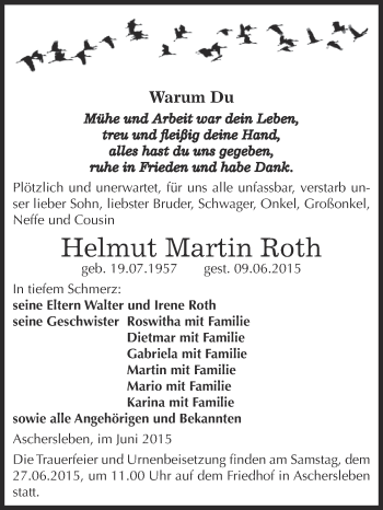 Traueranzeige von Helmut Martin Roth von Super Sonntag Aschersleben