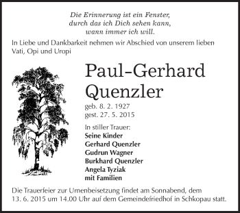 Traueranzeige von Paul-Gerhard Quenzler von WVG - Wochenspiegel Merseburg