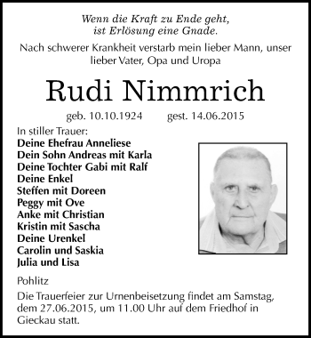 Traueranzeige von Rudi Nimmrich von Mitteldeutsche Zeitung Naumburg/Nebra