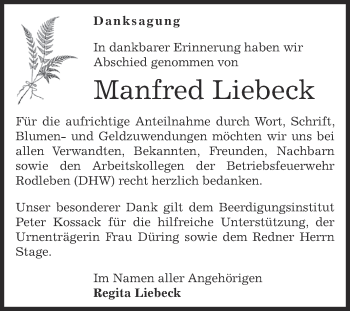 Traueranzeige von Manfred Liebeck von WVG - Wochenspiegel Dessau / Köthen