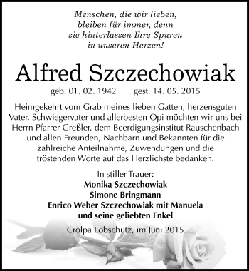 Traueranzeige von Alfred Szczechowiak von Mitteldeutsche Zeitung Naumburg/Nebra