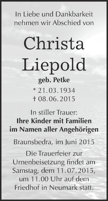 Traueranzeige von Christa Liepold von WVG - Wochenspiegel Merseburg